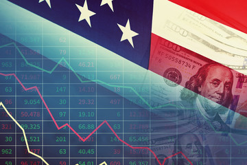 Economic and financial crisis concept. Stock market graphs and usd dollar against ameican flag on...