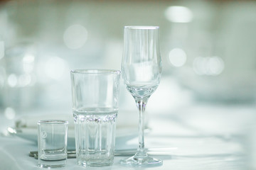 Glasses for wine and champagne at a buffet table