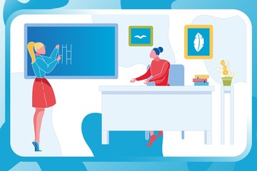 Student and Teacher in School or University. Standing Girl Holding Chalk near Chalkboard and Solving Task. Woman Sitting on Chair at Table with Pile Books and explaining. Education, Knowledge