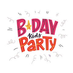 Fototapeta premium B-Day kids Party Vector hand drawn Happy Birthday Kids card with doodle elements isolated. Vector illustration
