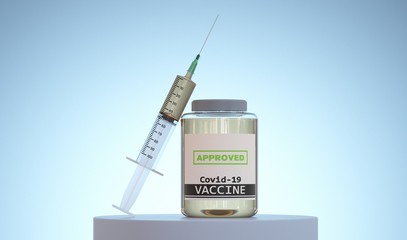 Vaccine approved for Covid-19. Composition with syringe.
