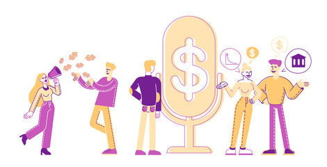 Group of People Stand near Huge Microphone with Dollar Sign Communicate and Discussing Financial Deals. Male and Female Characters Money Talks, Business Consulting, Advice. Linear Vector Illustration