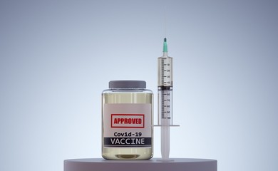Vaccine approved for Covid-19. Composition with syringe.