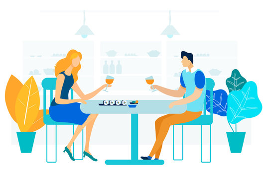 Romantic Gourmet Dinner Flat Vector Illustration. Young Woman and Man in Love Cartoon Characters. Husband and Wife Drinking Wine, Eating Seafood. Couple Celebrating Anniversary, Valentine Day
