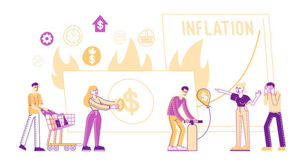 Inflation Concept. Tiny Male Female Characters Money Value Recession, Price Increase Process. Finance Market Risk Crisis in Percentage Rate. Unstable Nominal Worth. Linear People Vector Illustration