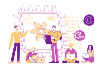 Tiny Male and Female Characters Engineers and Scientists Working with Quantum Computer Chip. Optical Technology, Photonics Research, Quantum Computing Concept. Linear People Vector Illustration
