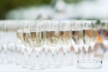Glasses of champagne and sparkling wine served at charity event, alcoholic drinks close-up