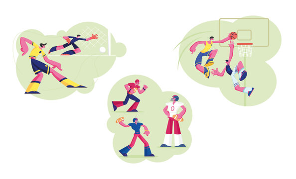 Set of Male Characters in Sports Uniform Practicing Football, Basketball and Handball Games. Soccer Player Kicking Ball to Goalkeeper. People Take Part in Competition. Cartoon Vector Illustration