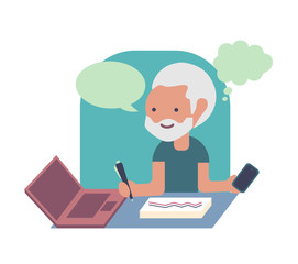 Elderly man with laptop and smartphone. Color vector flat isolated illustration.