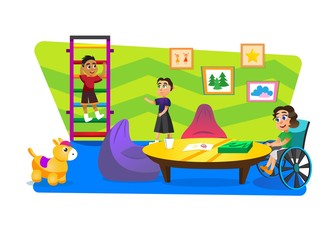 Children Spending Time Together Flat Cartoon Vector Illustration. Girl on Wheelchair Playing Boardgame. Boy Climbing Wall. Disabled Character with Friends. Handicapped Person. Activities.
