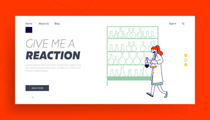 Obraz na płótnie Canvas Chemistry Science Staff at Work Landing Page Template. Scientist Character in Lab Coat Conducting Experiment and Scientific Lab. Laboratory Assistant Carry Test Tubes. Linear Vector Illustration