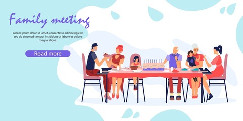 Multigeneration Family Celebrating Birthday at Home Sitting around Table with Parents and Children. Young and Senior Generations Spend Time Together Cartoon Flat Vector Illustration, Horizontal Banner