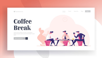 Business People Sitting at Table Playing Cards at Coffee Break Landing Page Template. Businessmen Characters Relaxing and Having Fun, Communicating and Chatting in Office. Cartoon Vector Illustration