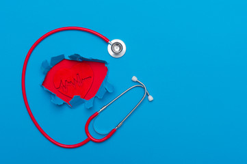 Abstract Virus Strain Model And Stethoscope On red Background. C