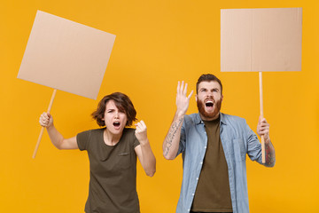 Angry protesting people guy girl hold protest signs broadsheet blank placard on stick isolated on...
