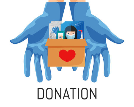 Vector Illustration Of Donation Box With Masks, Gloves, Medicine, Antibacterial Things Isolated. Concept Design Of Hands In Medical Disposable Blue Gloves Holding Carton Box With Respirator Protection