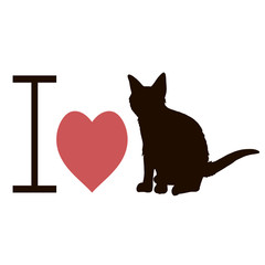 Black cat and red heart on white background. I love cats. Vector image.