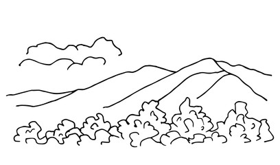 Hand-drawn simple vector landscape in black outline. Trees, bushes in the foreground mountain contours on the horizon, hills, clouds. Wildlife, tourism, nature, rural view. Coloring.