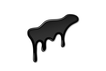 Drip paint 3D. Ink stain. Drop melt liquid isolated on white background. Splash of chocolate, oil, blood. Black graffiti. Splatter syrup, candy sauce, caramel. Vector illustration