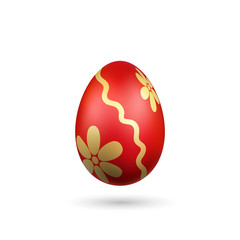 Easter egg 3D icon. Red gold egg, isolated white background. Bright realistic design, decoration for Happy Easter celebration. Holiday element. Shiny pattern. Spring symbol. Vector illustration