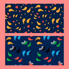 Naklejka na ściany i meble set of two seamless pattern with multi-colored patches for skin care around the eyes and eyelashes on a dark blue background. Modern abstract design for paper, cover, fabric