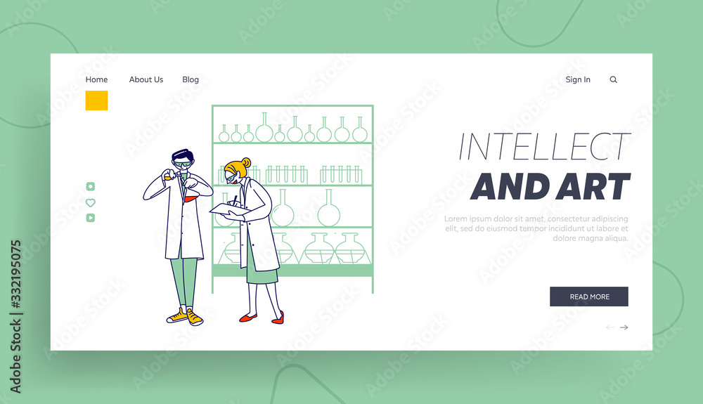 Poster researchers in chemical lab landing page template. chemist characters in conduct experiment in scien
