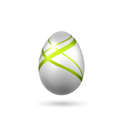 Easter egg 3D icon. Green silver egg, isolated white background. Bright realistic design, decoration for Happy Easter celebration. Holiday element. Shiny pattern. Spring symbol. Vector illustration