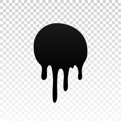 Drip paint. Ink stain. Drop melt liquid isolated on white transparent background. Splash of chocolate, oil, blood. Black splatter syrup, candy sauce, caramel. Color easy to edit. Vector illustration