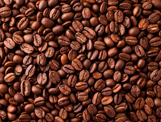 Coffee beans background. The view from top.