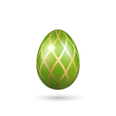 Easter egg 3D icon. Green gold egg, isolated white background. Bright realistic design, decoration for Happy Easter celebration. Holiday element. Shiny pattern. Spring symbol. Vector illustration