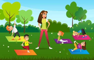 Children in Different Poses Doing Exercises on Fresh Air Flat Cartoon Vector Illustration. KIds with Teacher on Nature. Healthy Lifestyle Concept. Boys and Girls on Rubber Mats on Grass.