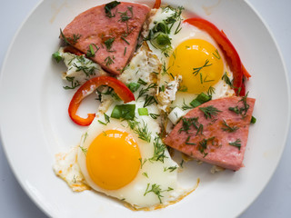Fried sausage fried eggs on a white round plate. Close-up