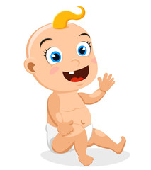 Baby smiles and waves on a white. Isolated. The character