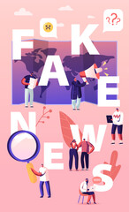 Fake News Concept. Tiny Characters Reading Newspapers and Social Media Information in Internet on World Map Background, False Info Fabrication Poster Banner Flyer. Cartoon People Vector Illustration