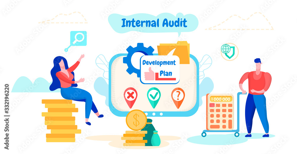 Aufkleber man with calculator on trolley and woman sitting on stack coin. internal audit. development plan. pr