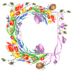 Watercolor Frame of tulips, flower,thistle, burdock, lavender branch. Vintage drawing plant isolated on white background. Card with red and yellow tulip flowers. Garden flowers. wreath of wildflowers
