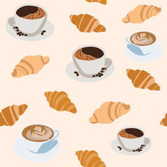 seamless repeating pattern of coffee cups and croissant