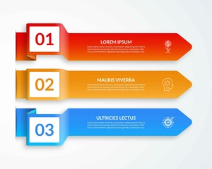 Vector template for business infographics of 3 colored paper arrows with place for numers, text and icons.