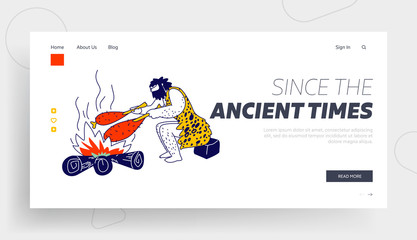 Obraz na płótnie Canvas Human Evolution, Prehistory Civilization Period Landing Page Template. Caveman Character Frying Meat on Bonfire Sitting in Cave. Tribal Neanderthal Homo Sapiens Lifestyle. Linear Vector Illustration