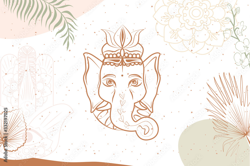 Poster abstract poster with elements of buddhism and hinduism, ganesha, plants in one line style. backgroun
