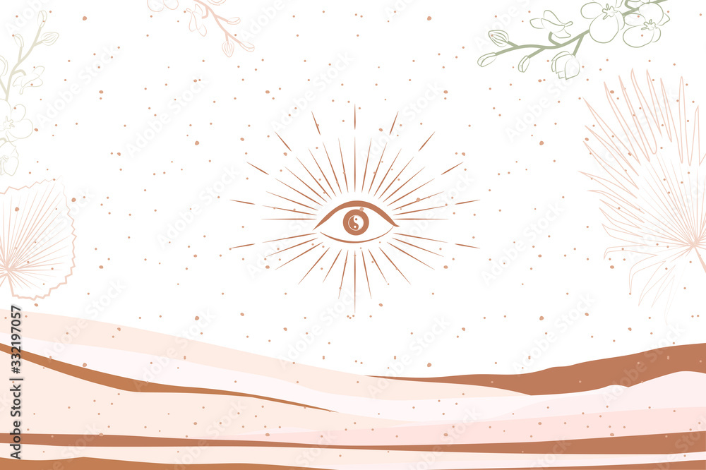 Poster abstract poster with palm leaf. flowers, evil eye and abstract landscape in one line style. backgrou