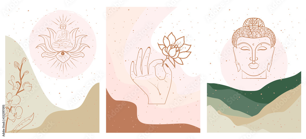 Poster set of abstract posters with elements of buddhism and hinduism, plants in one line style. background