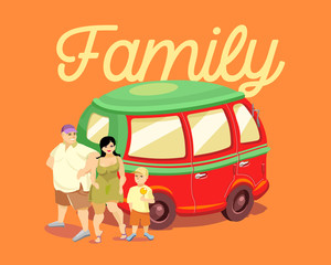 A family with a child stand near a red car. The inscription family. Lettering. Vector illustration