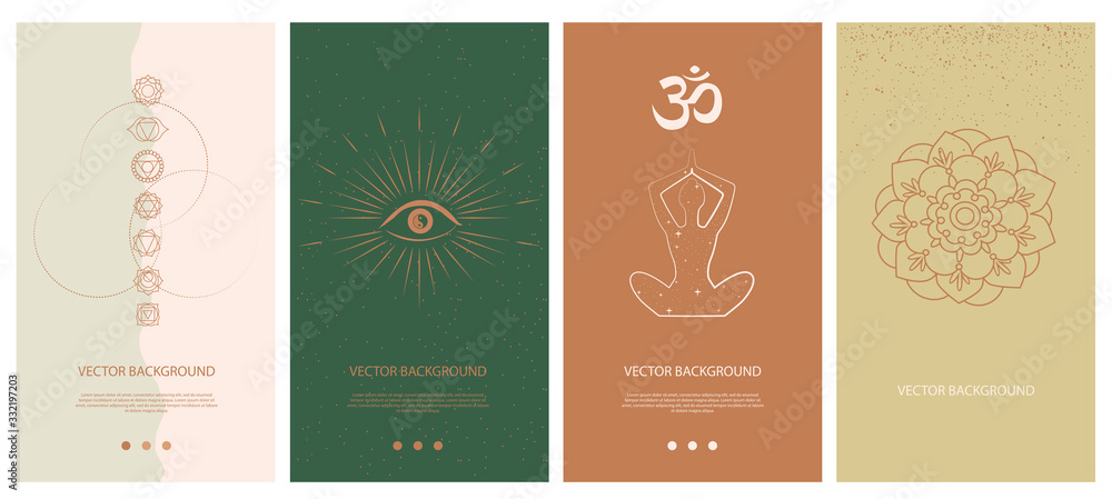 Leinwandbilder Set of abstract vertical background with elements of buddhism and hinduism plants in one line style. Background for social media minimalistic style. Vector illustration.