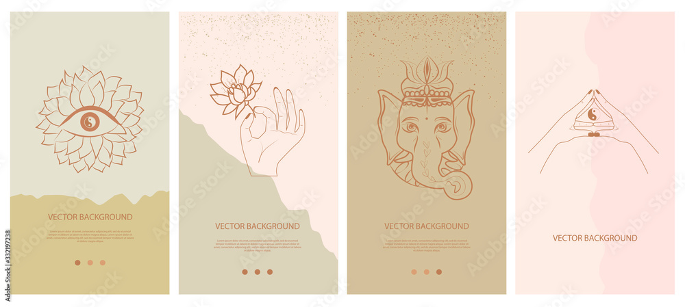 Fototapete Set of abstract vertical background with elements of buddhism and hinduism plants in one line style. Background for social media minimalistic style. Vector illustration.