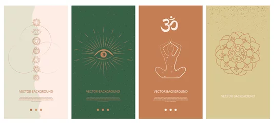 Foto op Canvas Set of abstract vertical background with elements of buddhism and hinduism plants in one line style. Background for social media minimalistic style. Vector illustration. © miobuono