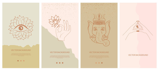 Set of abstract vertical background with elements of buddhism and hinduism plants in one line style. Background for social media minimalistic style. Vector illustration.