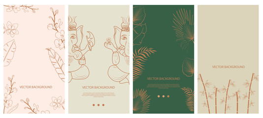 Set of abstract vertical background with elements of buddhism and hinduism plants in one line style. Background for social media minimalistic style. Vector illustration.