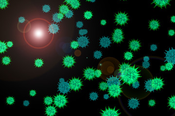 small virus covid 19 ball glow green blue was floating in air on black screen