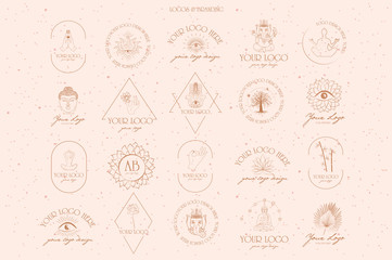 Collection logotype of buddhism and hinduism, yoga objects, esoteric and boho elements, plants, buddha, ganesha, mandala, lotus. Minimalistic objects one linestyle. Editable Vector Illustration.